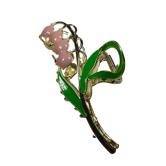 Hair Clip Barrette Snow Drop Flower Messy Hair Bun Pink Green Gold Tone Wedding - Picture 2 of 9